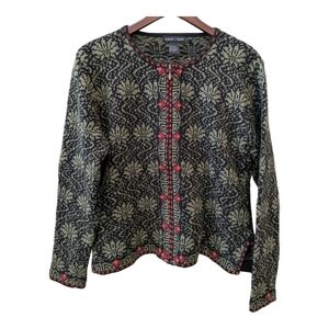 Nomadic Traders full zip Nordic cardigan sweater size medium black green